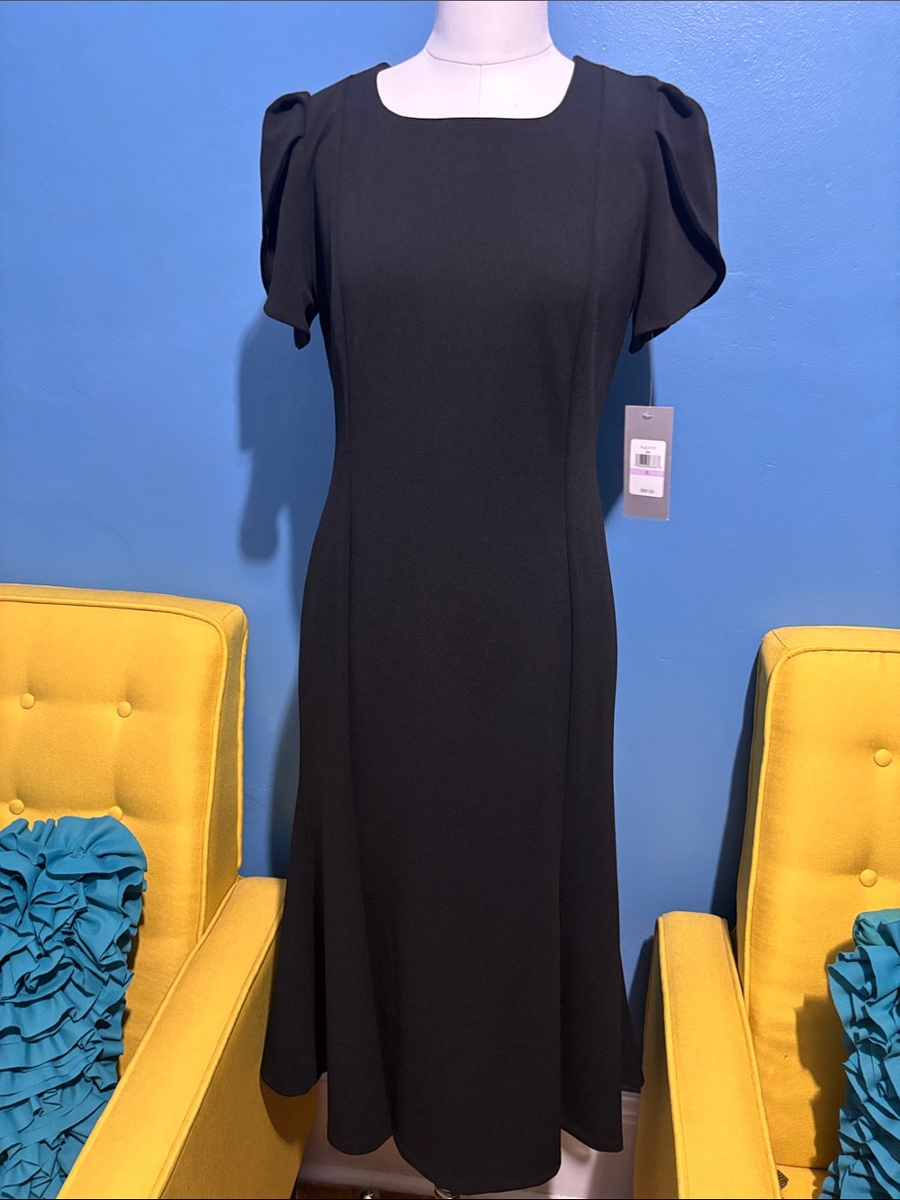 Marc New York Black Square-Neck Midi Dress with Puff Sleeves